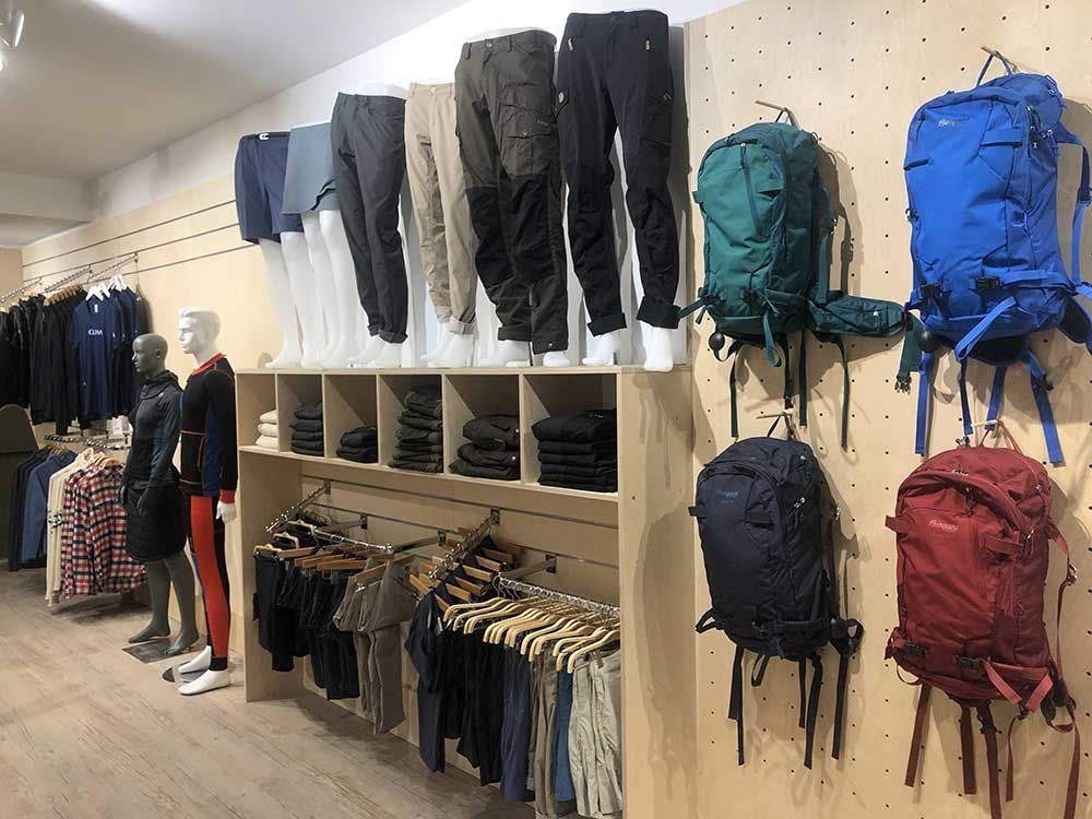 Fjällräven trousers and Kånken backpacks on display in Nordic Outdoor London