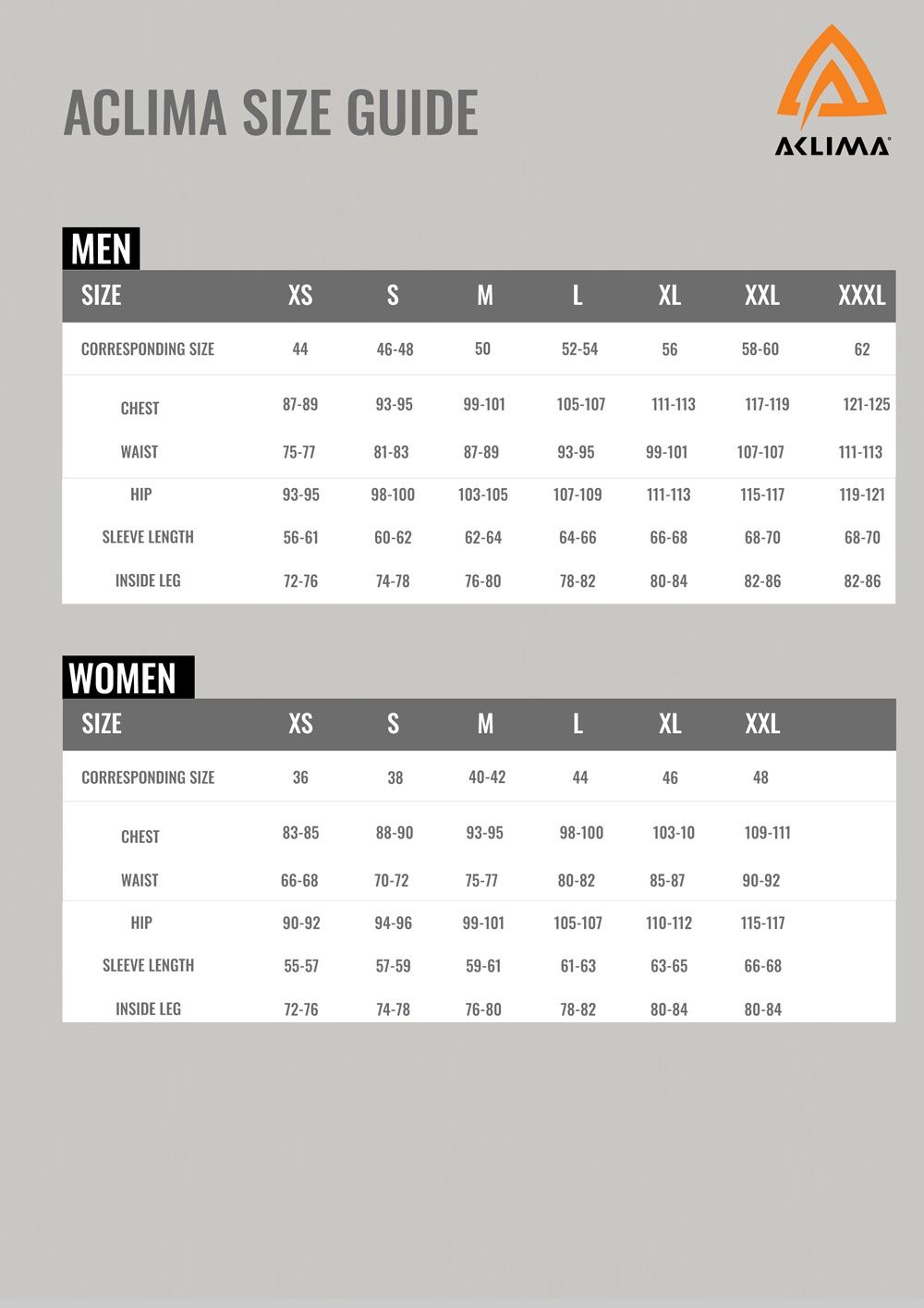 Aclima Size Guide