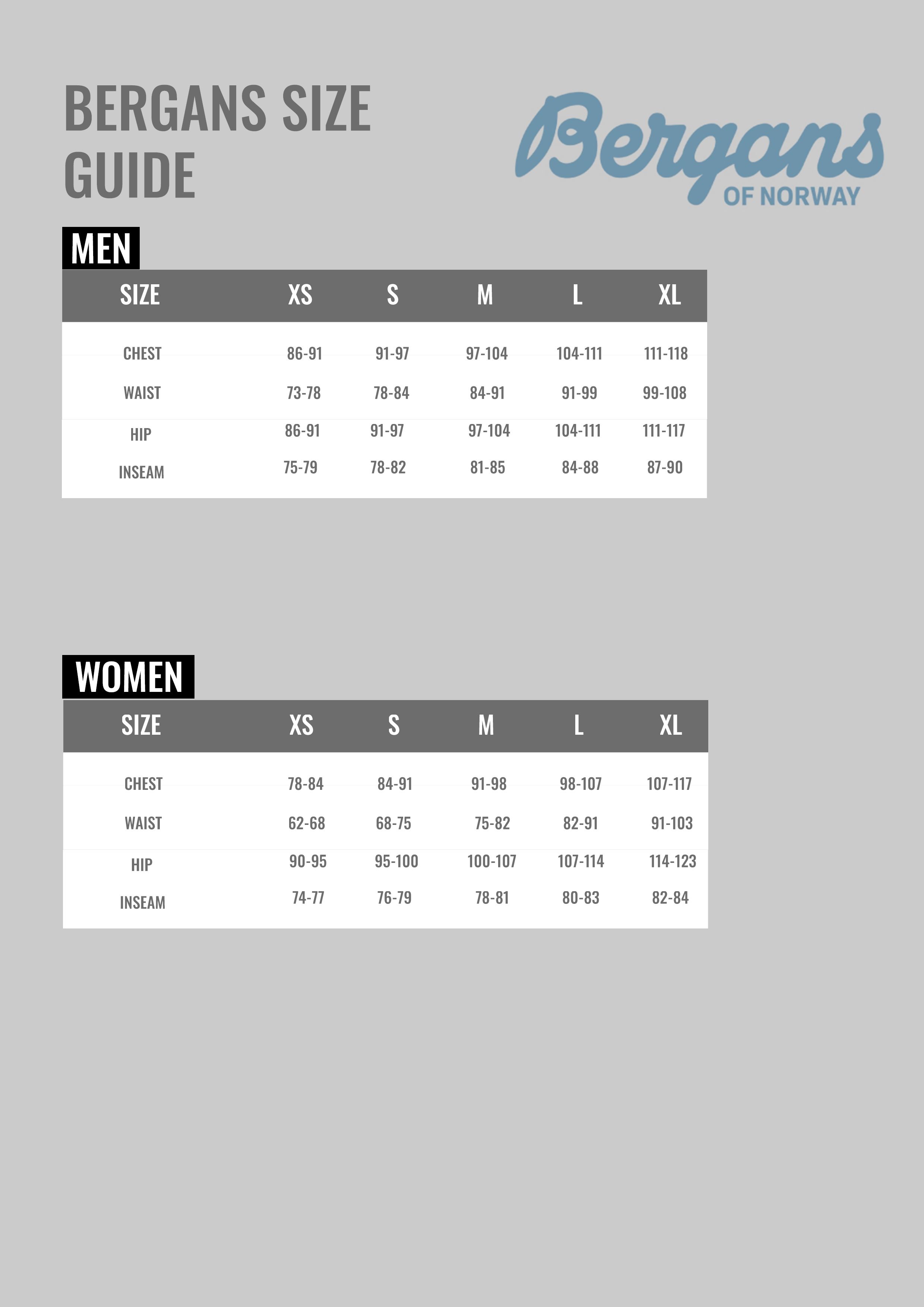 Bergans Size Guide