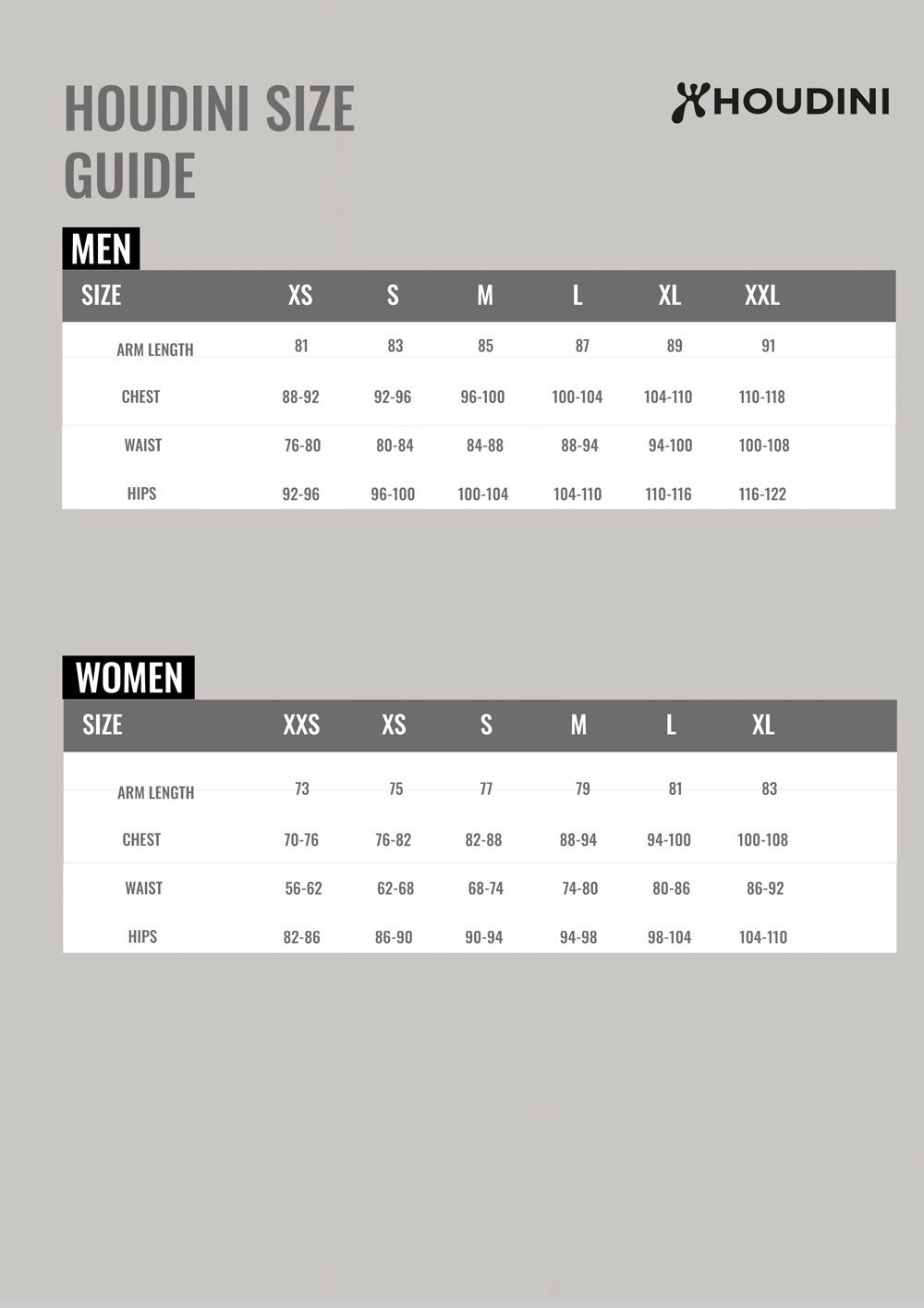 Houdini Size Guide