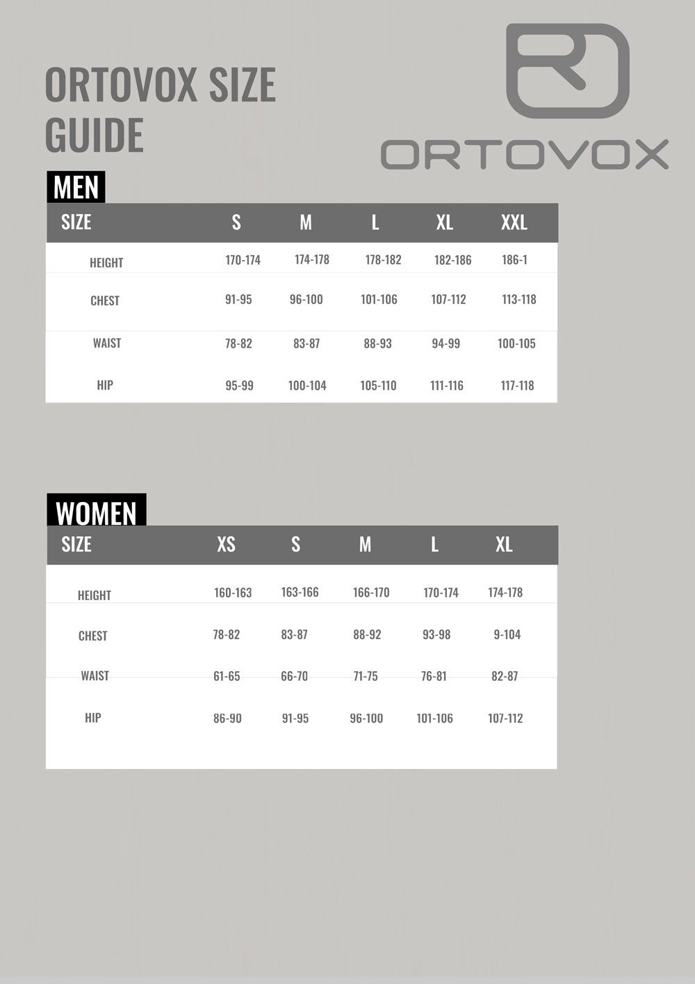 Ortovox Size Guide