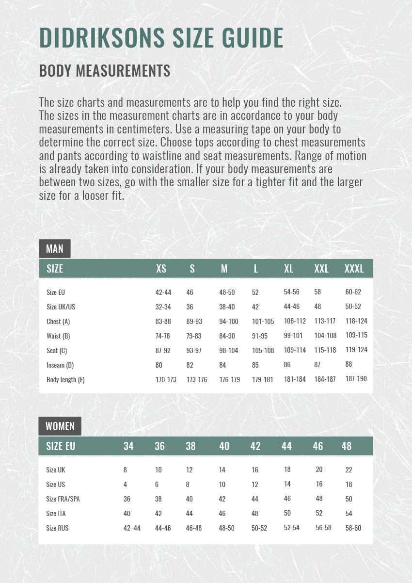 Didriksons Size Guide - Nordic Outdoor